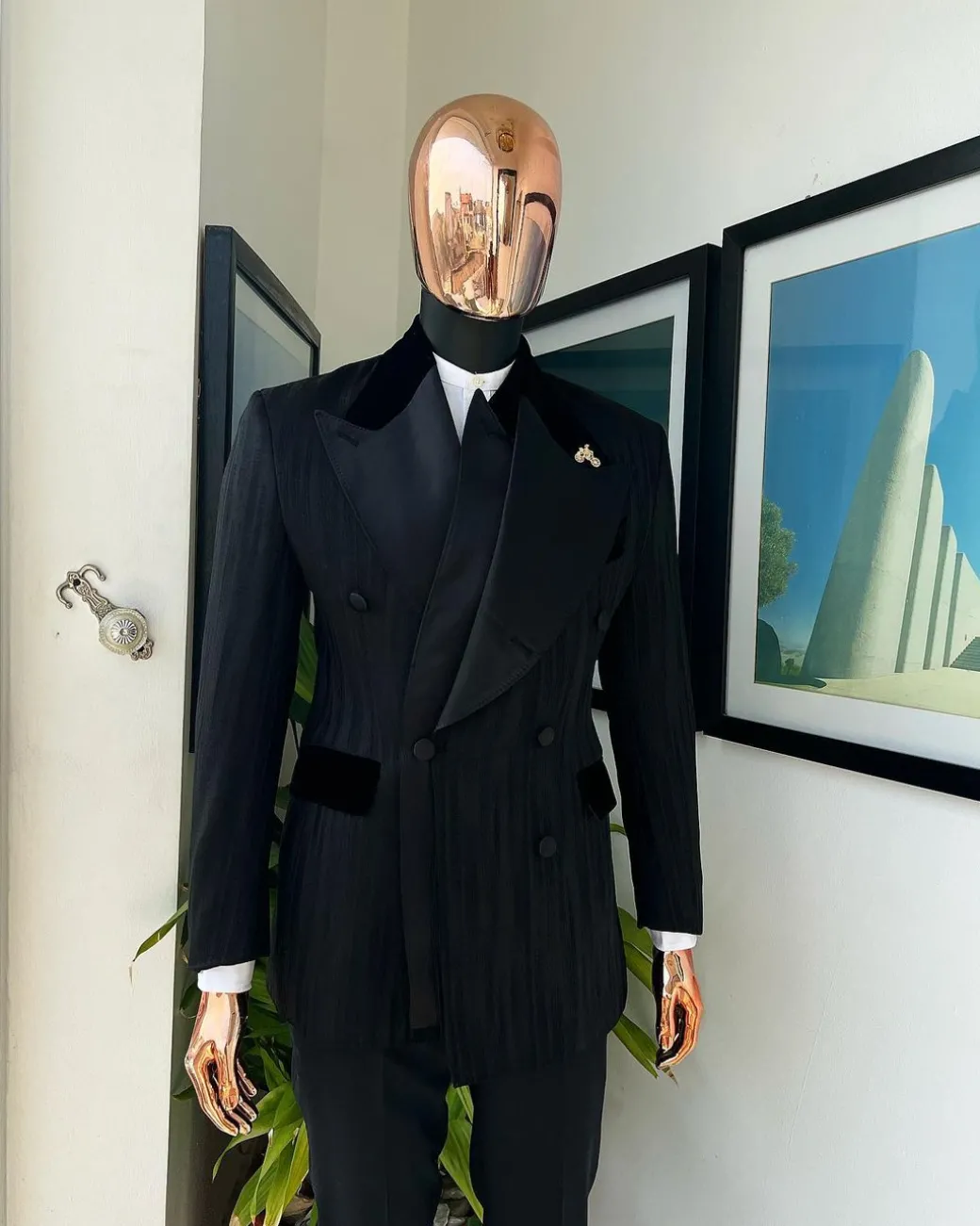 A Charcoal Black “Mandate” rain drop patterned jacquard, triple breasted tuxedo suit