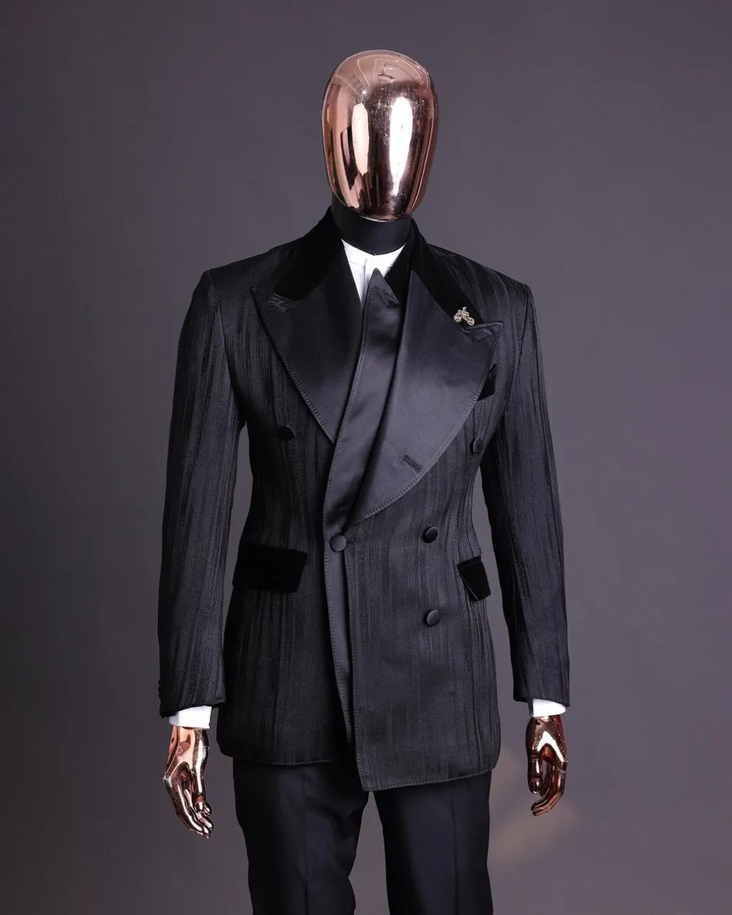 A Charcoal Black “Mandate” rain drop patterned jacquard, triple breasted tuxedo suit