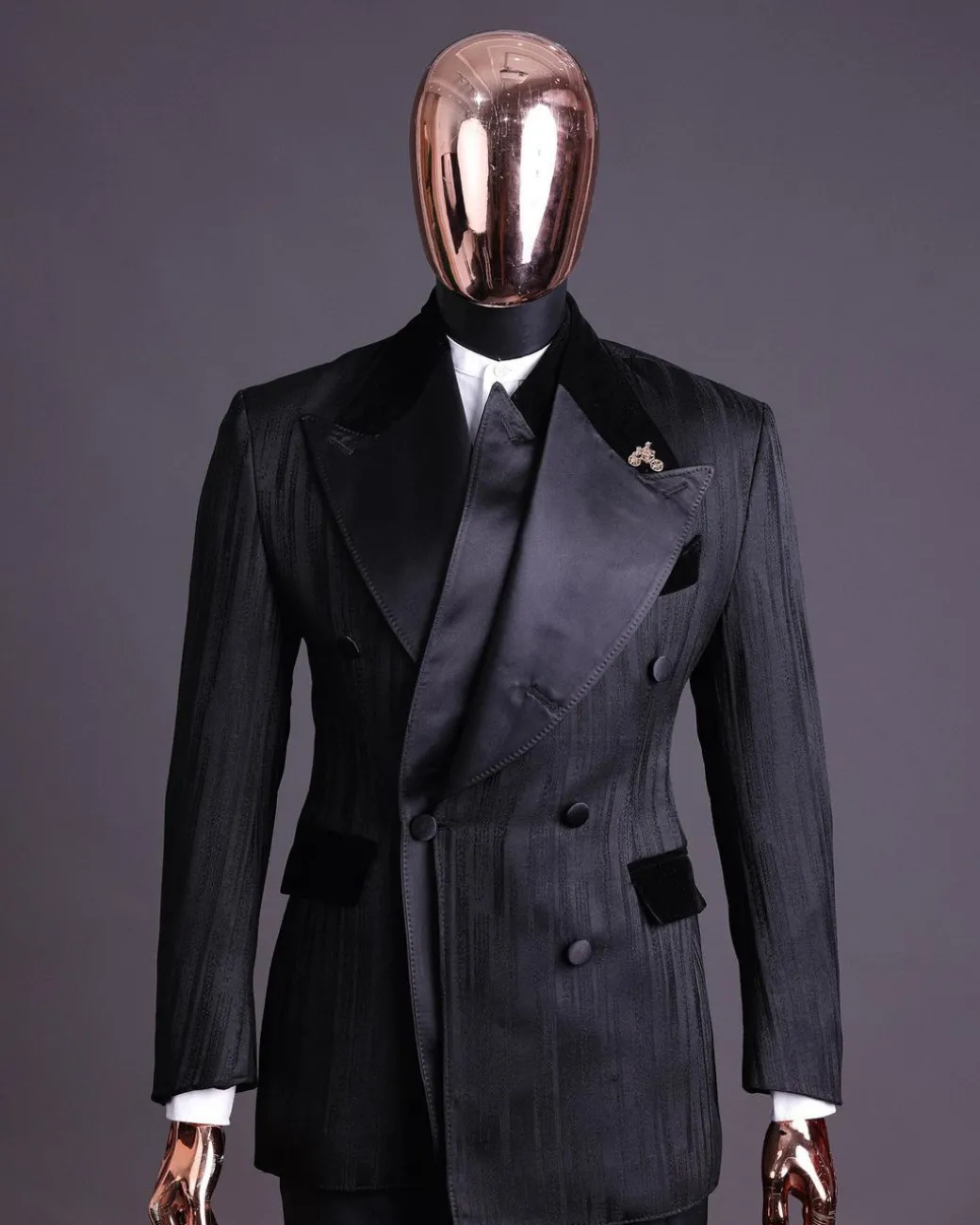 A Charcoal Black “Mandate” rain drop patterned jacquard, triple breasted tuxedo suit