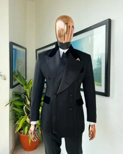 A Charcoal Black “Mandate” rain drop patterned jacquard, triple breasted tuxedo suit