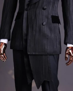 A Charcoal Black “Mandate” rain drop patterned jacquard, triple breasted, 2 layer dropping sache tuxedo suit.