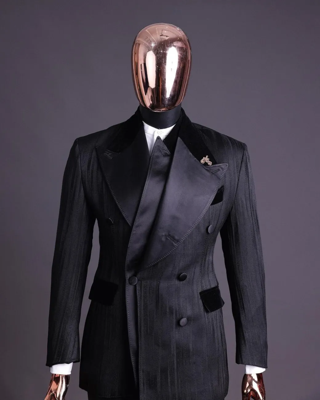 A Charcoal Black “Mandate” rain drop patterned jacquard, triple breasted tuxedo suit