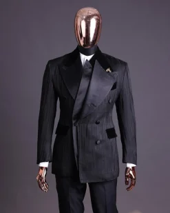 A Charcoal Black “Mandate” rain drop patterned jacquard, triple breasted tuxedo suit
