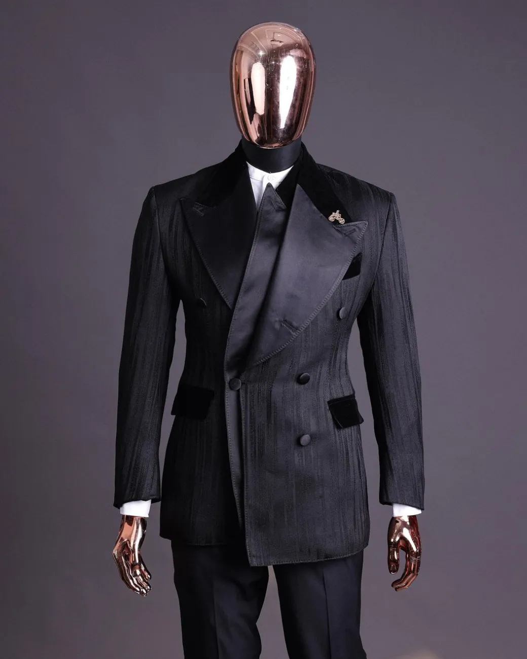 A Charcoal Black “Mandate” rain drop patterned jacquard, triple breasted tuxedo suit
