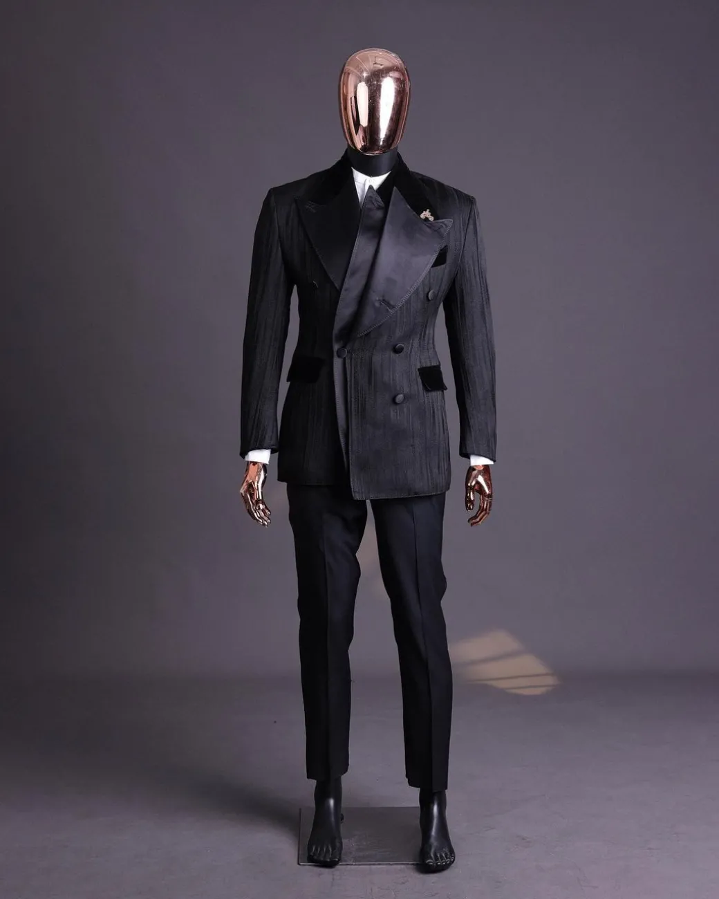 A Charcoal Black “Mandate” rain drop patterned jacquard, triple breasted tuxedo suit
