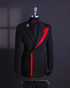 A Charcoal black mushroom pattern jacquard, layered peak/notch lapel suit.