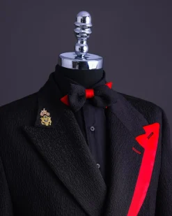 A Charcoal black mushroom pattern jacquard, layered peak/notch lapel suit.