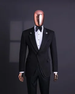 A Charcoal black, mushroom pattern jacquard, notch lapel tuxedo suit.