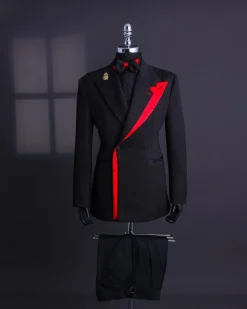 A Charcoal black mushroom pattern jacquard, layered peak/notch lapel suit.