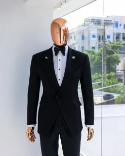 A Charcoal black, mushroom pattern jacquard, notch lapel tuxedo suit.