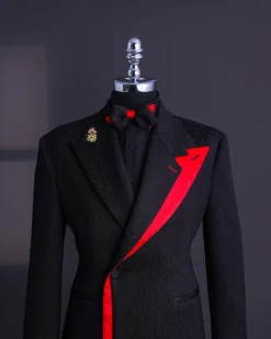 A Charcoal black mushroom pattern jacquard, layered peak/notch lapel suit.