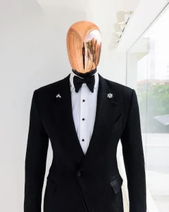A Charcoal black, mushroom pattern jacquard, notch lapel tuxedo suit.