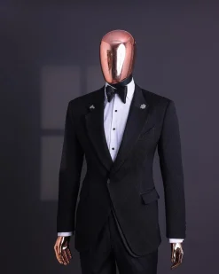 A Charcoal black, mushroom pattern jacquard, notch lapel tuxedo suit.