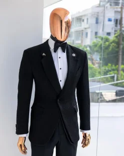 A Charcoal black, mushroom pattern jacquard, notch lapel tuxedo suit.