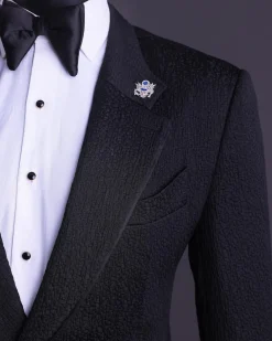 A Charcoal black, mushroom pattern jacquard, notch lapel tuxedo suit.