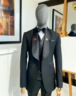 A Charcoal Black Nobility Fabric Shawl Lapel Tuxedo Suit