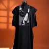 A Charcoal black, “Oju Aye” on canvas embroidery details agbada, silver clear view Swarovski buttons on 3/4 sleeve kaftan & sokoto