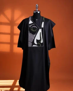 A Charcoal black, “Oju Aye” on canvas embroidery details agbada, silver clear view Swarovski buttons on 3/4 sleeve kaftan & sokoto