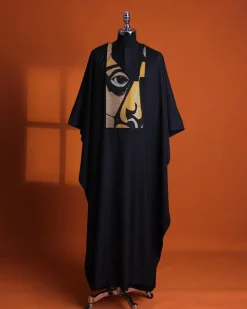 A Charcoal black, “Oju Aye” on canvas gold and black mix embroidery details Agbada