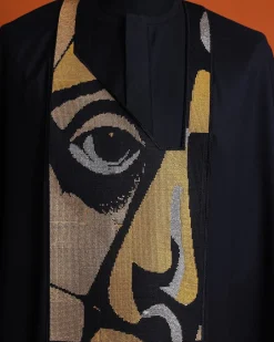 A Charcoal black, “Oju Aye” on canvas gold and black mix embroidery details Agbada