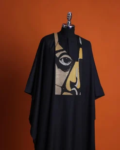 A Charcoal black, “Oju Aye” on canvas gold and black mix embroidery details Agbada