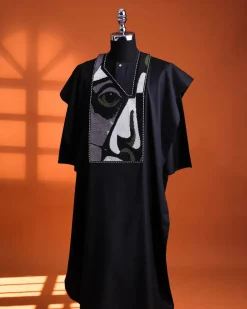 A Charcoal black, “Oju Aye” on canvas embroidery details agbada, silver clear view Swarovski buttons on 3/4 sleeve kaftan & sokoto