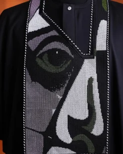 A Charcoal black, “Oju Aye” on canvas embroidery details agbada, silver clear view Swarovski buttons on 3/4 sleeve kaftan & sokoto