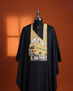 A Charcoal black, “omo danfo” embroidery details agbada, 3/4 sleeve kaftan & sokoto