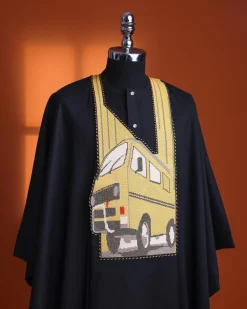 A Charcoal black, “omo danfo” embroidery details agbada, 3/4 sleeve kaftan & sokoto