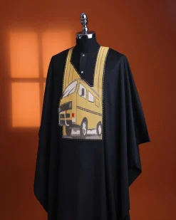 A Charcoal black, “omo danfo” embroidery details agbada, 3/4 sleeve kaftan & sokoto