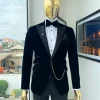 A Charcoal black peak lapel-soaked Italian velvet tuxedo suit