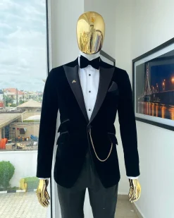 A Charcoal black peak lapel-soaked Italian velvet tuxedo suit