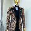 A Charcoal Black Peak Lapel, Pink “Mandarin” Metallic Jacquard Floral Tuxedo Suit