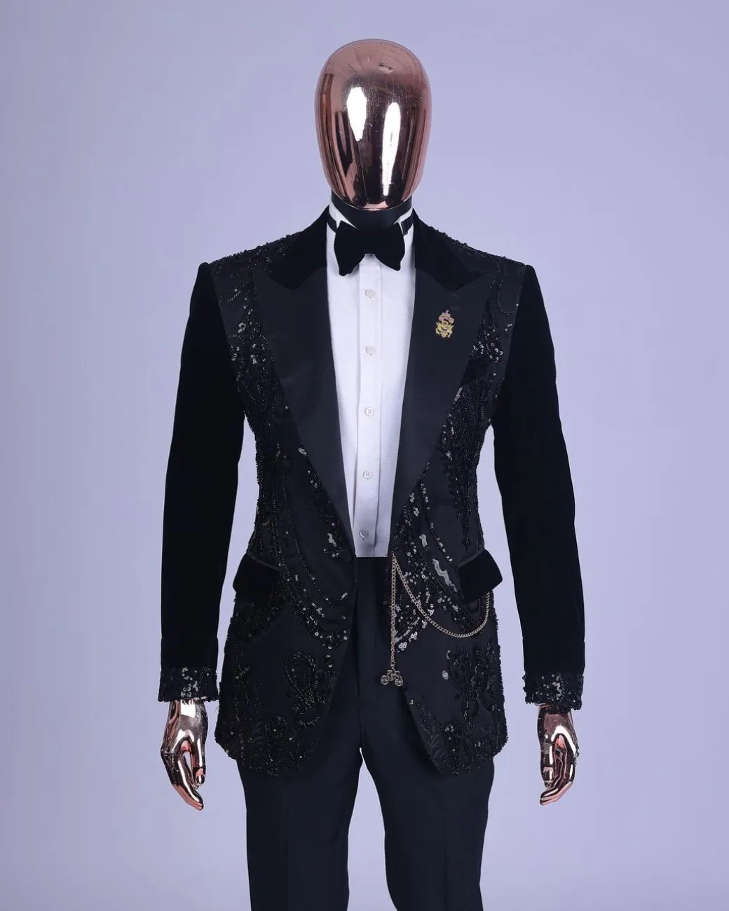 A Charcoal Black, Peak Lapel, Beaded Lace Tuxedo Suit