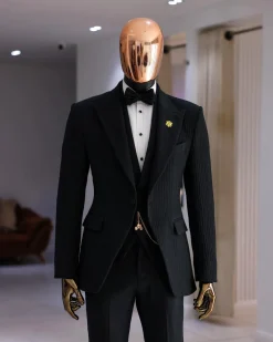 A Charcoal Black Peak Lapel, Stuffed/Slanted Square Patterned Jacquard Jacket.