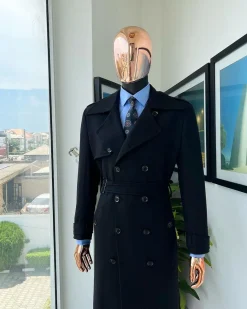 A Charcoal Black, Peak Lapel Jorgecarli Vogue Trench Wool Jacket