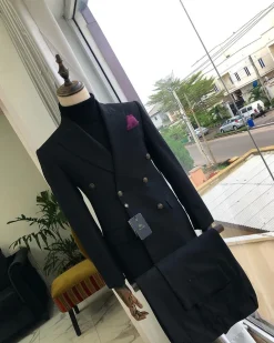 A Charcoal Black Peak Lapel double breasted Suit