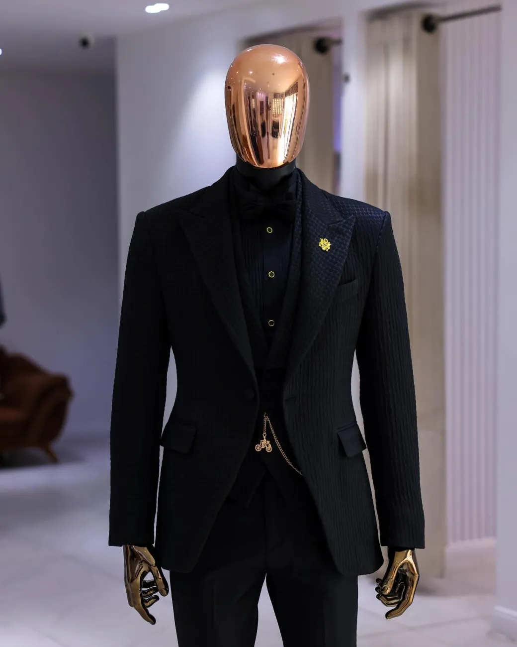 A Charcoal Black Peak Lapel, Stuffed/Slanted Square Patterned Jacquard Jacket.
