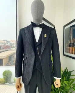 A Charcoal Black, peak lapel, dispersed ruffle jacquard suit