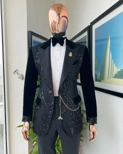 A Charcoal Black, Peak Lapel, Beaded Lace Tuxedo Suit