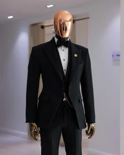 A Charcoal Black Peak Lapel, Stuffed/Slanted Square Patterned Jacquard Jacket.