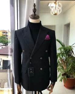 A Charcoal Black Peak Lapel double breasted Suit