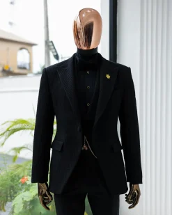 A Charcoal Black Peak Lapel, Stuffed/Slanted Square Patterned Jacquard Jacket.