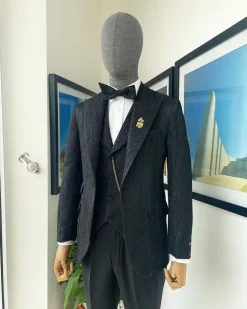 A Charcoal Black, peak lapel, dispersed ruffle jacquard suit