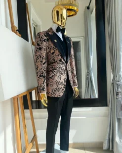 A Charcoal Black Peak Lapel, Pink “Mandarin” Metallic Jacquard Floral Tuxedo Suit