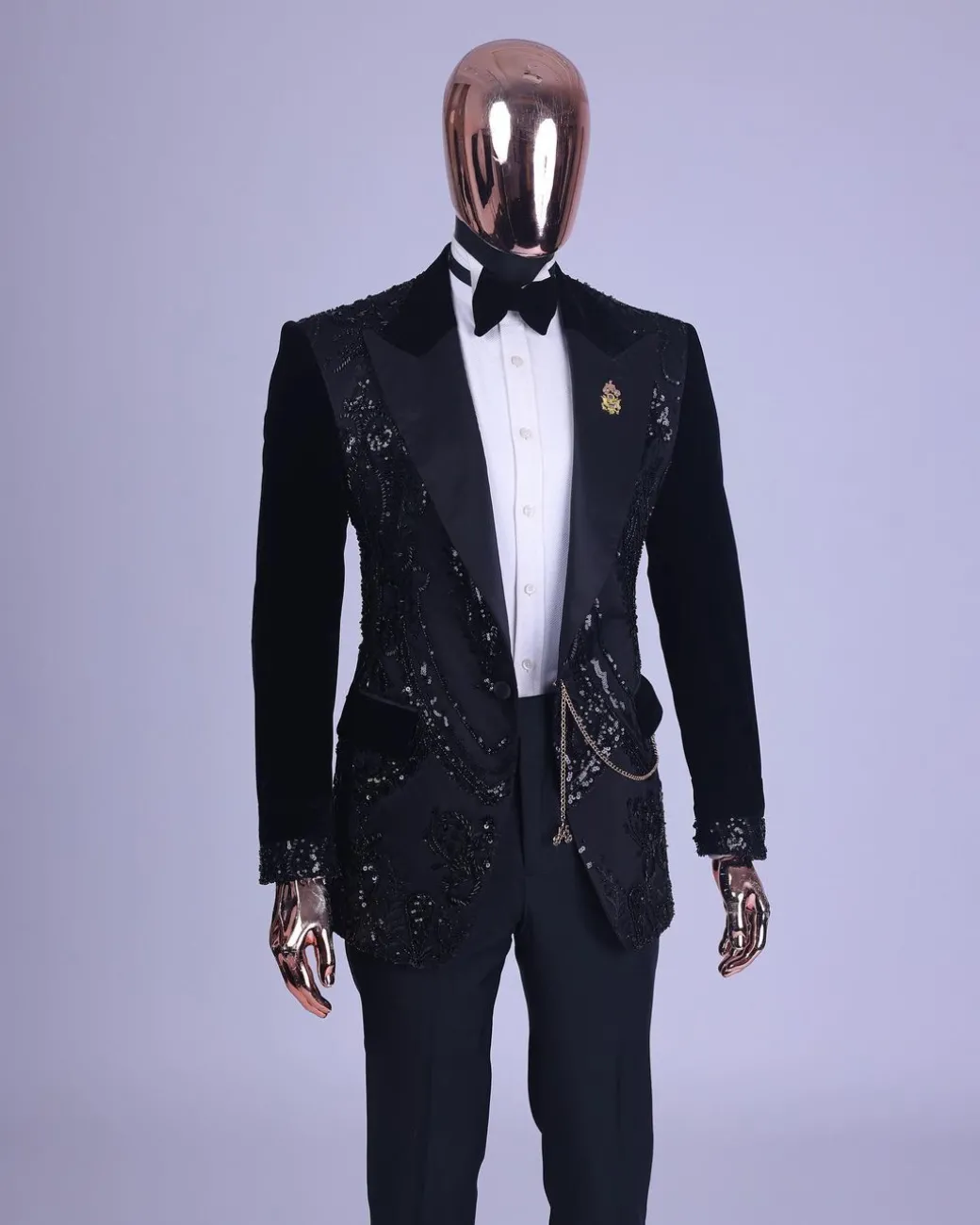 A Charcoal Black, Peak Lapel, Beaded Lace Tuxedo Suit