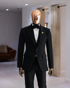 A Charcoal Black Peak Lapel, Stuffed/Slanted Square Patterned Jacquard Jacket.