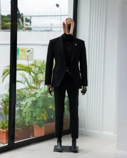 A Charcoal Black Peak Lapel, Stuffed/Slanted Square Patterned Jacquard Jacket.