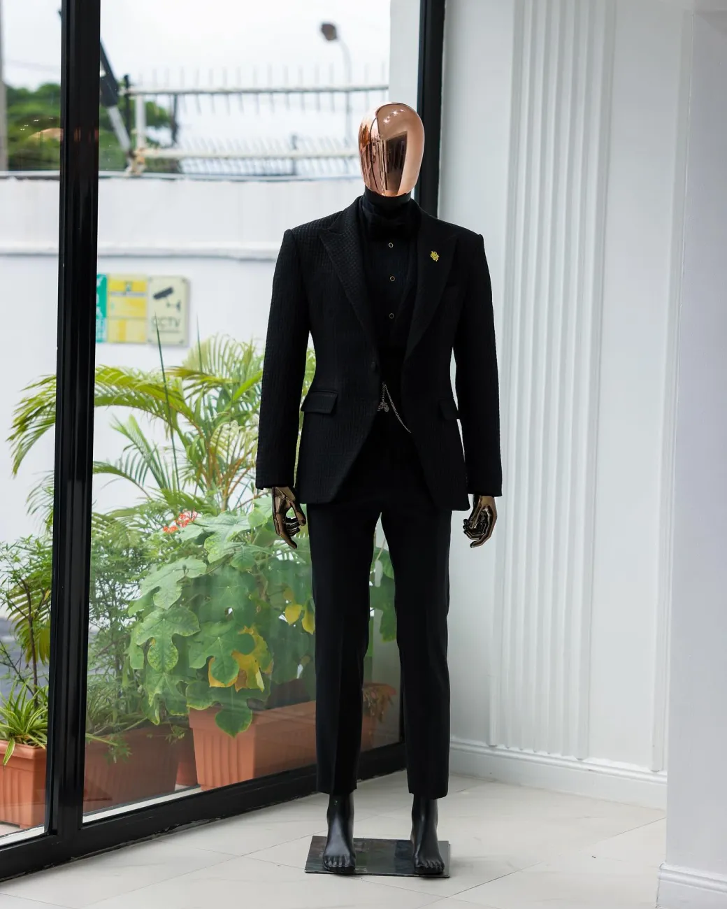 A Charcoal Black Peak Lapel, Stuffed/Slanted Square Patterned Jacquard Jacket.