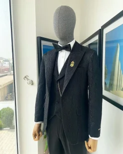 A Charcoal Black, peak lapel, dispersed ruffle jacquard suit